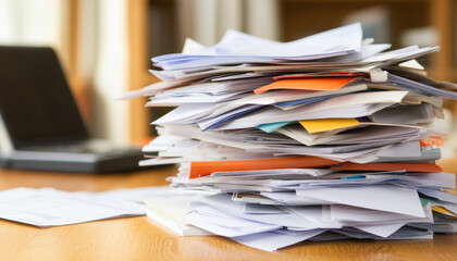 cluttered pile of bills and paperwork on wooden desk, symbolizing financial stress and disorganization. background features laptop, enhancing office environment
