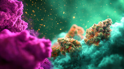Vibrant abstract representation of cannabis buds surrounded by colorful smoke and particles, creating mystical atmosphere