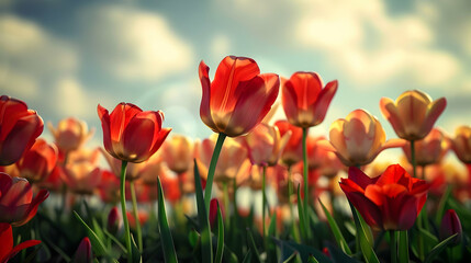 Obraz premium A vibrant field of red tulips under a bright sky, showcasing nature's beauty.