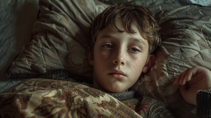 Sad boy lying in bed with a thoughtful expression on his face