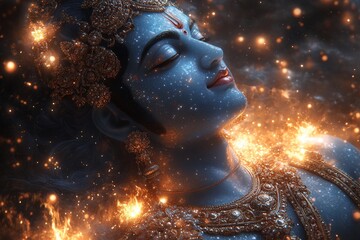 Serene deity, cosmic fire, peaceful slumber, spiritual art, religious imagery