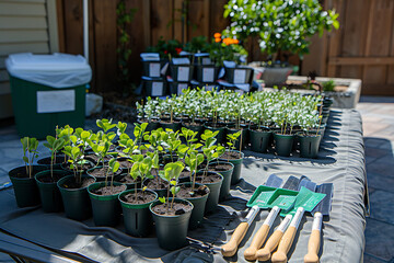 gardening preparation, garden tools neatly arranged on the patio, seedlings ready for planting, and the promise of a green canopy tomorrow celebrated on arbor day
