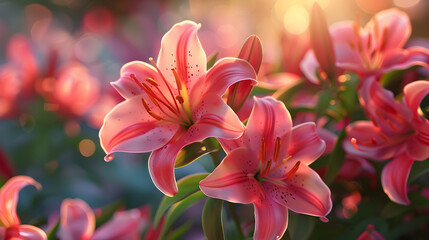 Fototapeta premium A close-up view of vibrant pink lilies in a sunlit garden.