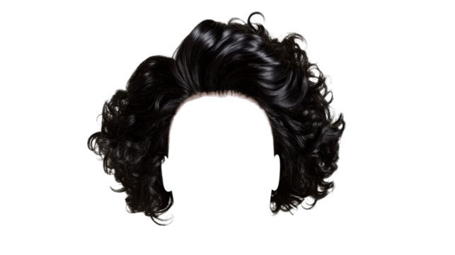 Black wavy hair isolated on transparent background for easy photo editing