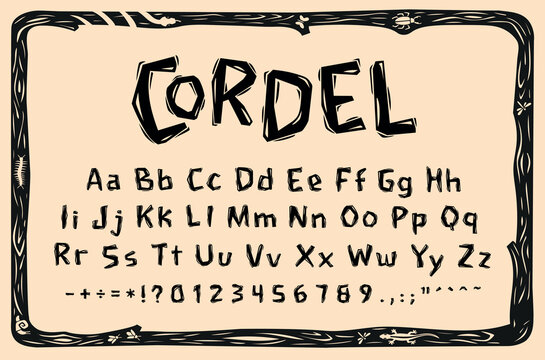 Collection of uppercase and lowercase letters in the style of Brazilian Cordel. Complete font of letters and numbers. Vector illustration.eps