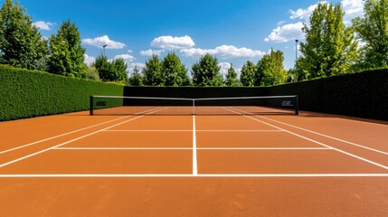 Fototapeta premium Clay tennis court, sunny day, green hedge background, sport