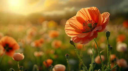 Obraz premium A vibrant poppy flower stands out in a sunlit field, surrounded by blooming poppies.