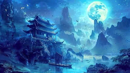Naklejka premium 0_Landscape_illustration_Freepik_chinese_temple_fant