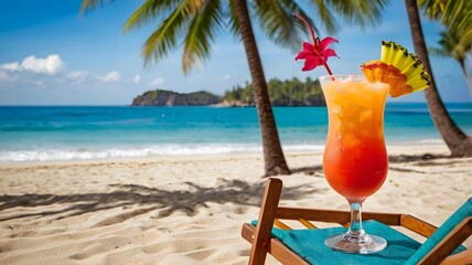 A photograph of a refreshing tropical cocktail with colorful garnishes, placed on a beach chair, with the ocean and palm trees in the background, in a vibrant summer photography style