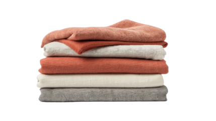 Stack of folded soft knitted blankets on transparent background