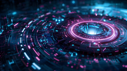 A futuristic digital landscape featuring glowing circular patterns and vibrant colors.