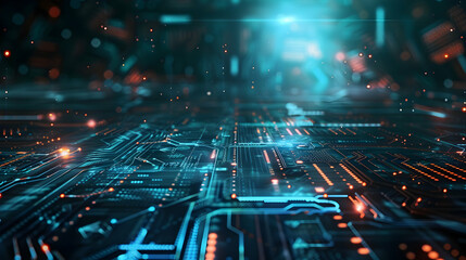 A digital landscape showcasing intricate circuitry and glowing elements.