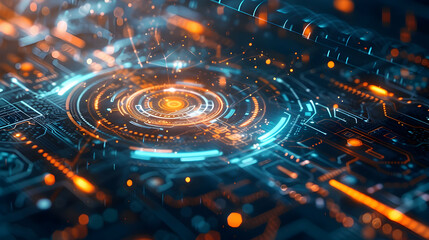 Abstract digital circuit design with glowing elements and futuristic aesthetics.