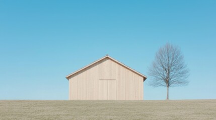 Modern barn, clear sky, winter tree, rural landscape, architecture design