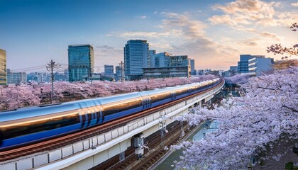Fototapeta premium 近未来都市と桜 – 日本の進化する風景 