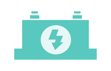 Icon of a large car-like industrial battery with terminals and lightning bolt for energy concept