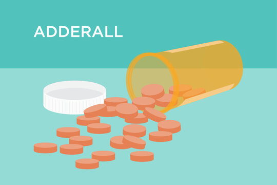 Flat-style vector stock illustration of orange or peach colored 20 mg Adderall oval-shaped tablets with an orange prescription bottle