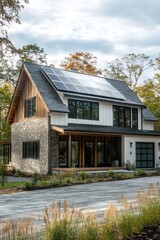 Modern house with solar panels in a serene natural setting surrounded by trees during autumn afternoon light near a winding driveway