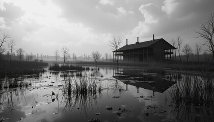 Obraz premium serene black and white landscape featuring rustic house by calm water body, surrounded by bare trees and tall grass