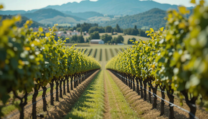 Naklejka premium Lush vineyard rows stretch towards distant mountains under clear sky