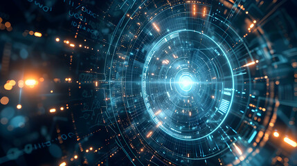 Obraz premium Abstract digital tunnel with glowing lines and data patterns, representing technology and innovation.