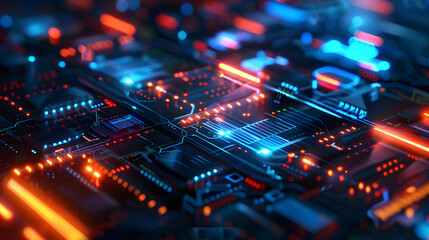 Obraz premium A close-up view of a futuristic circuit board with glowing lights and intricate patterns.