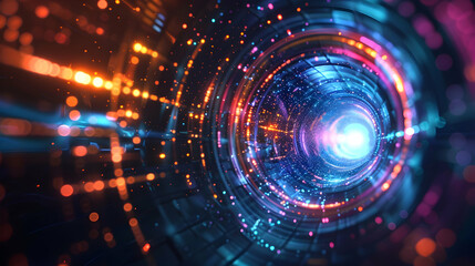 Obraz premium A vibrant tunnel of light and energy, suggesting motion through a digital or cosmic space.