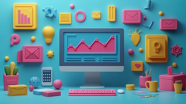 Colorful Desk Setup Illustrating Business Growth And Ideas