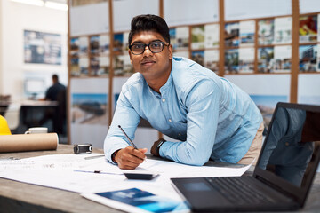 Obraz premium Architect, portrait and drawing with interior design, blueprint and document with proposal. Businessman, paperwork and engineering with contractor, technician and floor plan draft for startup office