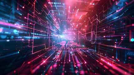 Naklejka premium Abstract digital landscape with vibrant lines and glowing particles.