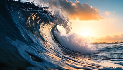 Fototapeta premium Majestic Ocean Wave at Sunset Golden Light