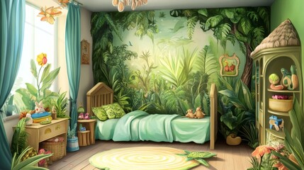 Tropical Jungle Themed Child's Bedroom Interior Design