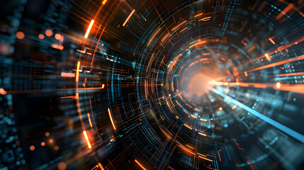Obraz premium Abstract digital tunnel with glowing lines and circuits, representing technology and innovation.