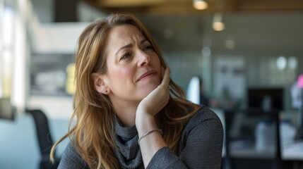 Thoughtful woman reflecting in a modern office space setting