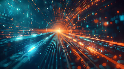 Naklejka premium A vibrant digital tunnel with glowing lines and particles representing data flow.