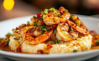 Shrimp and grits with Cajun spices, topped with cheese and green onions, served on white plate. This dish is flavorful combination of seafood and creamy texture, perfect for hearty meal