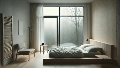 A bedroom with a bed, a chair, and a table