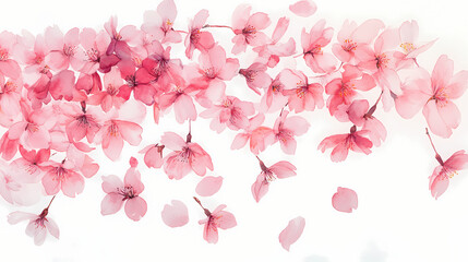 Sakura petals in ink, delicate pink petals cascading gracefully against a pristine white backdrop, evoking tranquility and the ephemeral beauty of spring. Delicate Ink. Illustration