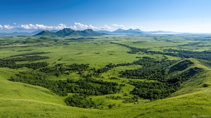 Naklejka premium Panoramic view of vast green valley, mountains, and clear sky