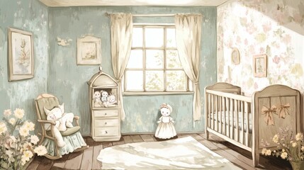 Whimsical Baby Nursery Room with Rocking Chair, Crib, and Dolls