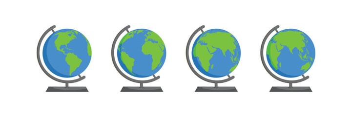 Globe planet vector set. Cartoon world globe with stand 2d vector icon on white background. Globe of planet Earth for concept of kids learning or world traveling. © rochmuch
