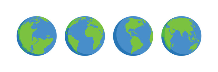 Set of round globes isolated on white background. Flat Earth Planet icon. Vector illustration