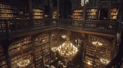 Obraz premium A grand gothic library with towering bookshelves,