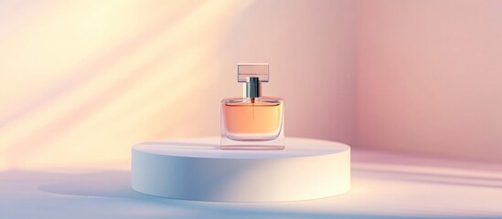 Elegant Perfume Bottle on White Podium, Soft Pink Background, Calm Mood