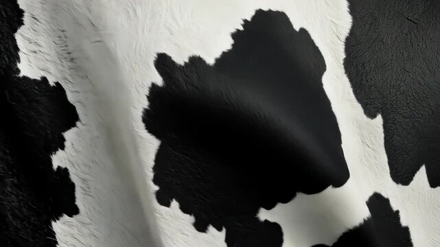 Close-up view of a black and white cow hide showcasing unique patterns and textures in natural light