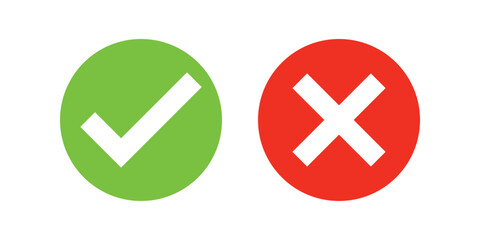 Check mark, Tick  and X mark icon. Checkmark and x mark icon for apps and websites. Green and red check  icon for UIUX app icons. Set check mark and cross. Vector illustration