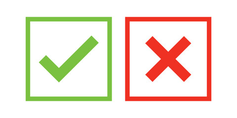 Set of check mark and cross icon buttons. Checkbox icon with true and false buttons or yes or no check mark icon. Isolated check mark symbol, right and wrong sign concept.