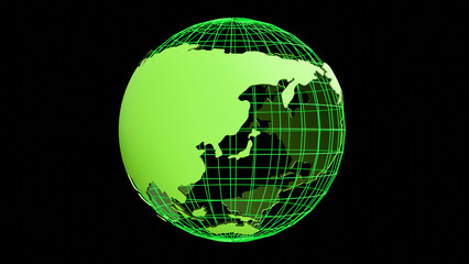 3D Eurasia and Asia continent on a wireframe globe created by 3D modeling on black background.