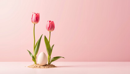 Charming pastel tulips and egg on sandy surface, Easter celebration