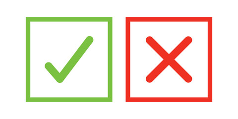 Set of check mark and cross icon buttons. Checkbox icon with true and false buttons or yes or no check mark icon. Isolated check mark symbol, right and wrong sign concept.